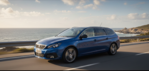Interior tecnológico do Peugeot 308 SW com sistema i-Cockpit e espaço para cadeiras de criança.